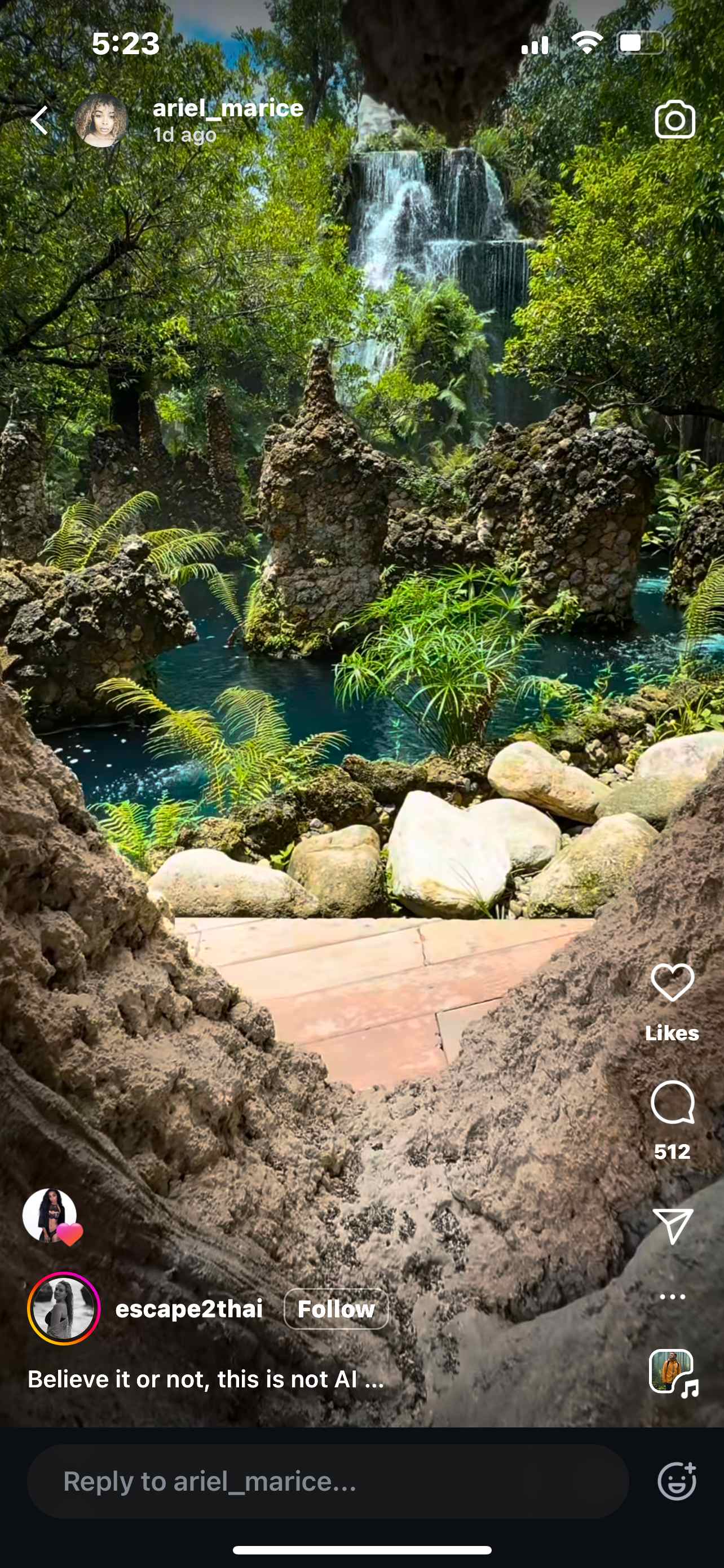 Tropical waterfall paradise with lush greenery and turquoise water